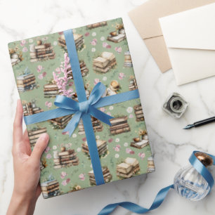 Papel De Presente Livros Antigos & Flores em Verde Sage