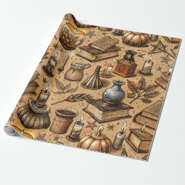 Papel De Presente Livros de Bruxaria Vintage e Padrão de Velas