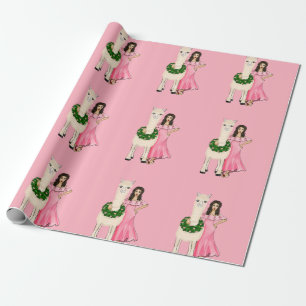 Papel De Presente Llama com Coração e Ilustração Rapariga
