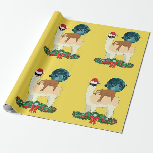 Papel De Presente Llama Sloth Christmas Santa's Sleigh Silhouette (Desenrolado)