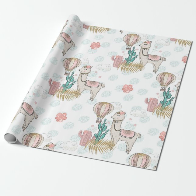 Papel De Presente Llama Steampunk do Deserto com Brilho Rosa e Doura (Desenrolado)