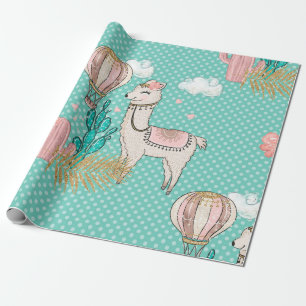 Papel De Presente Llama Steampunk do Deserto com Brilho Rosa, Verde-