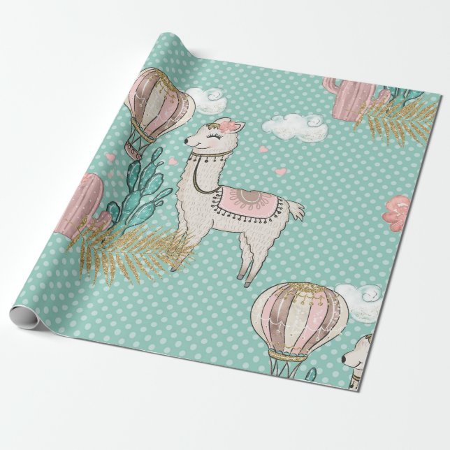 Papel De Presente Llama Steampunk do Deserto com Brilho Rosa, Verde- (Desenrolado)