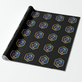 Papel De Presente Lobisomem Azul Tocando Uma Harpa Dourada