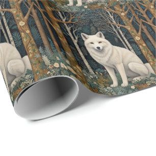 Papel De Presente Lobo branco vintage boho floresta de madeira 