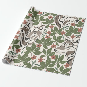 Papel De Presente Lobo Caprichoso e Jardim Verde Folhoso da Floresta