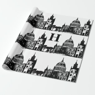Papel De Presente London England Elegant Black White Monograma