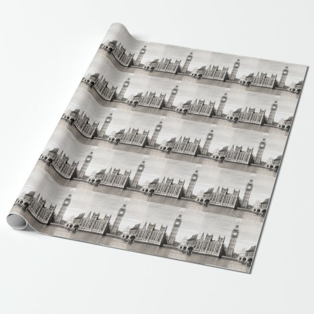 Papel De Presente Londres antiga, preto e branco. (Desenrolado)