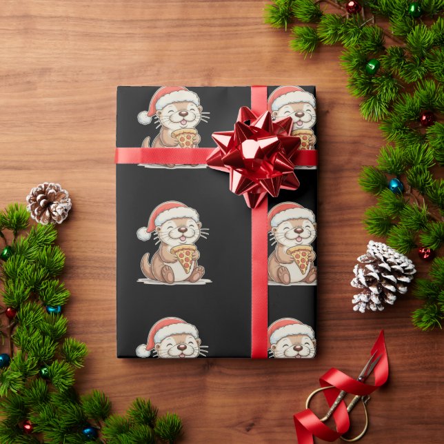 Papel De Presente Lontra Fofa de Natal Comendo Pizza Gorro de Natal  (Presente de Natal)