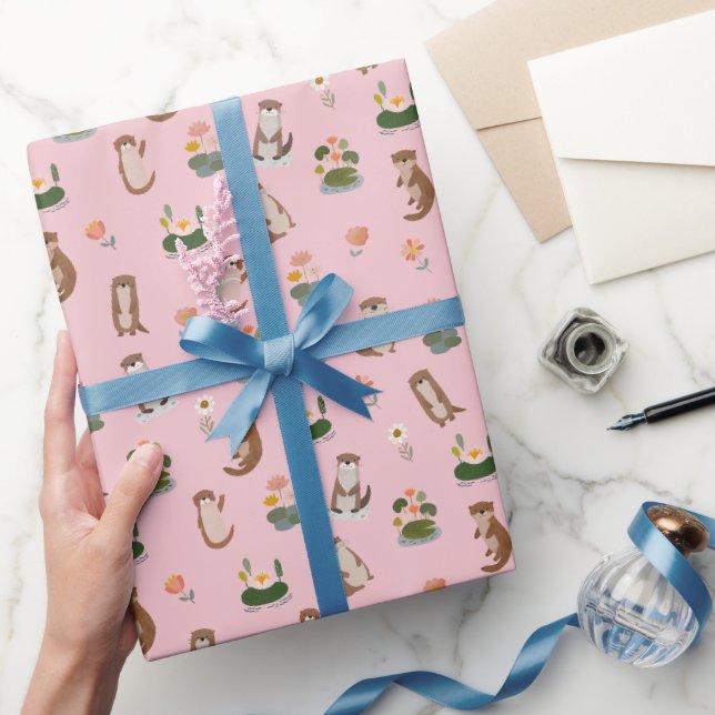 Papel De Presente Lontras & Folhas de Nenúfar em Rosa Claro (Presentear)