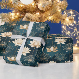 Papel De Presente Lótus Dourado Geométrico em Azul Turquesa