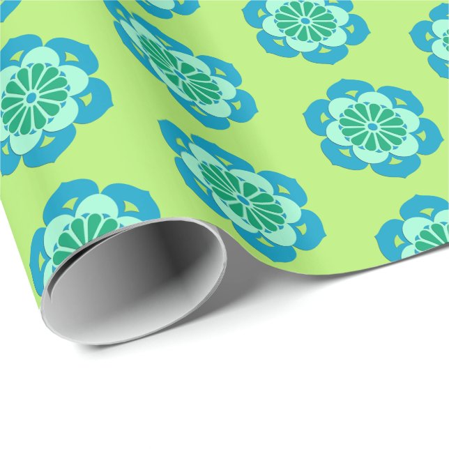 Papel De Presente Lotus Flower Mandala, Lime Green and Light Blue (Ponta do rolo)