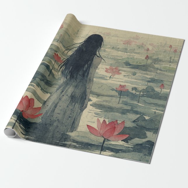 Papel De Presente Lótus Melancólico Névoa Aquarela (2) (Desenrolado)