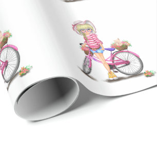 Papel De Presente Loura-branca e bicicleta cor-de-rosa com gato nas 