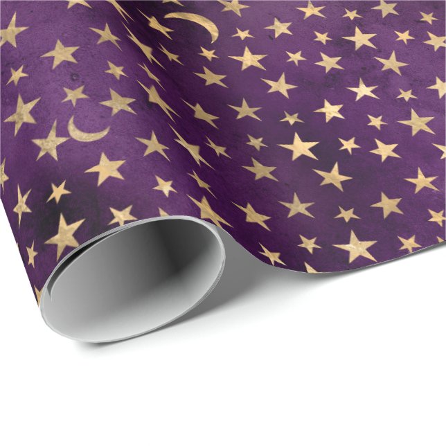 Papel De Presente Lua Celestial Dourada E Estrelas Roxo Escuro (Ponta do rolo)