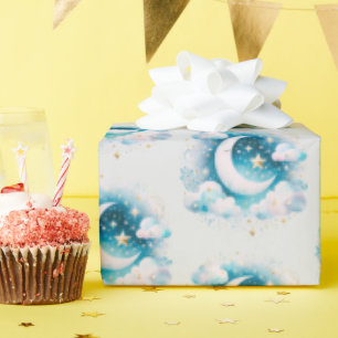 Papel De Presente Lua Crescente Azul e Branco Boho Moderno