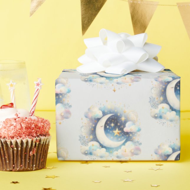 Papel De Presente Lua Crescente Azul e Branco Celestial Boho Moderno (Festa de aniversário)