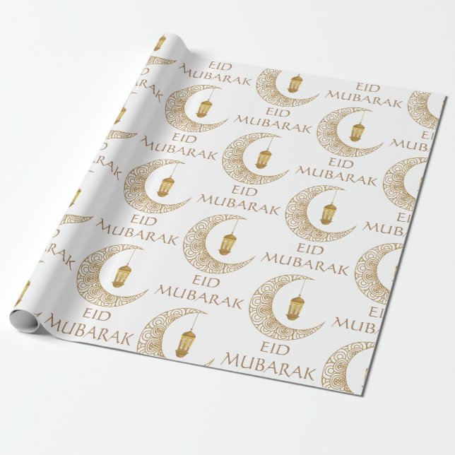 Papel De Presente Lua Crescente Dourada & Lanterna Eid Mubarak Islâm (Desenrolado)