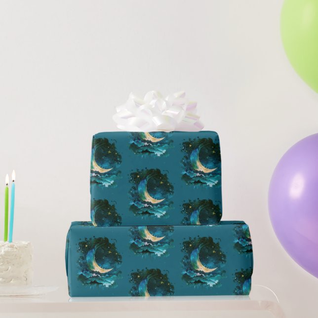 Papel De Presente Lua Crescente Estrelas Azul Celestial Halloween (Presentes para festas)