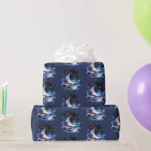 Papel De Presente Lua Crescente Estrelas Azul Celestial Halloween