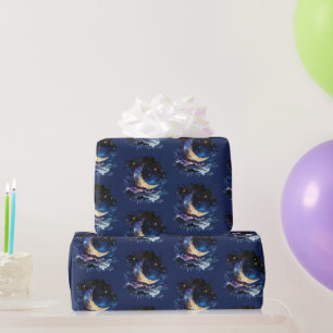 Papel De Presente Lua Crescente Estrelas Azul Celestial Halloween