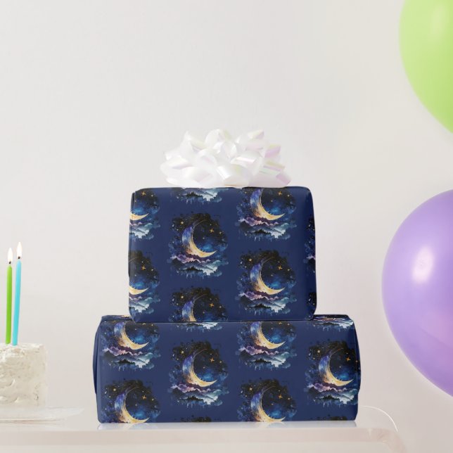 Papel De Presente Lua Crescente Estrelas Azul Celestial Halloween (Presentes para festas)