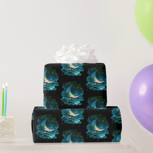 Papel De Presente Lua Crescente Estrelas Celestial Preto Halloween (Presentes para festas)