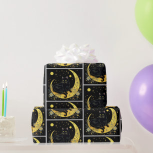 Papel De Presente Lua Crescente Floral Gato Preto Branco Halloween