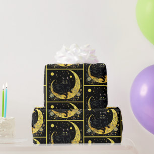 Papel De Presente Lua Crescente Floral Gato Preto Dourado Halloween