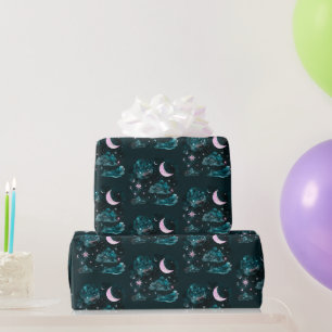 Papel De Presente Lua Crescente Rosa Estrelas Azul Celestial Hallowe