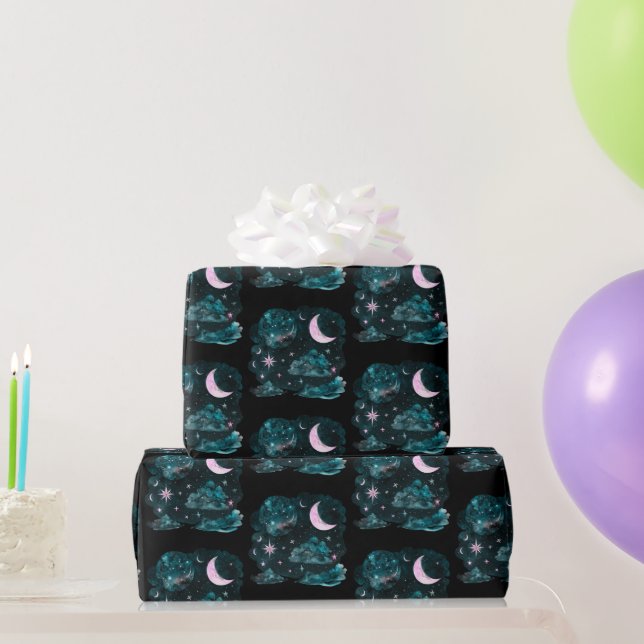 Papel De Presente Lua Crescente Rosa Estrelas Celestial Preto Hallow (Presentes para festas)