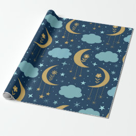 Papel De Presente Lua Dourada Com Flores e Nuvens 