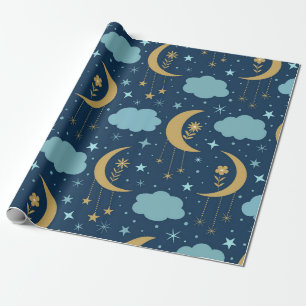 Papel De Presente Lua Dourada Com Flores e Nuvens 