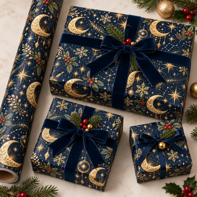 Papel De Presente Lua Dourada Estrelas Constelação Celestial Natal (Criador carregado)