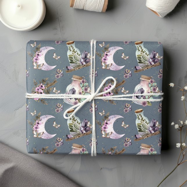 Papel De Presente Lua e Garrafas de Lavanda Mística de Boho (Criador carregado)