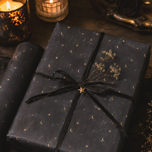Papel De Presente Lua Estrelas Celestiais Preto Dourado Solstício de