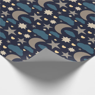 Papel de Presente Lua Estrelas e Nuvens Azul Marin