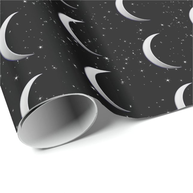 Papel De Presente Luas crescentes de prata - fundo estrelado (Ponta do rolo)