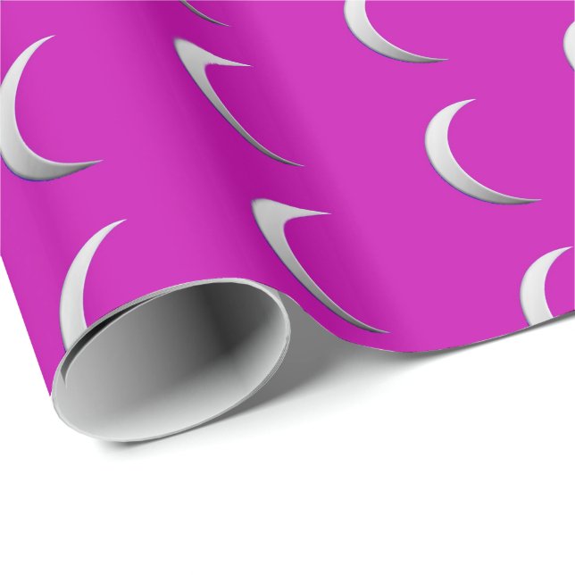 Papel De Presente Luas crescentes de prata - fundo magenta (Ponta do rolo)