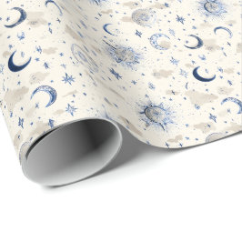 Papel De Presente Luas e Estrelas Celestiais Molhando Marinho/Creme