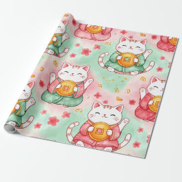 Papel De Presente Lucky Charm Cats – Prosperity in Pastel Pattern