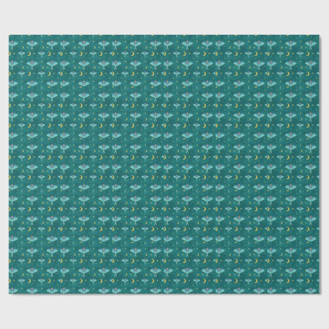 Papel De Presente Luna Moth Celestial Moons & Stars Teal (Aberto)