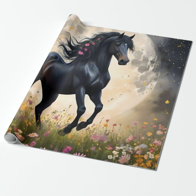 Papel De Presente Lunar Elegância: Cavalo de Fantasia Negra com Lua (Desenrolado)