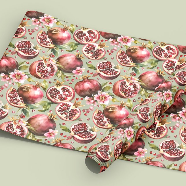 Papel De Presente Lush Pomegranate Fruit and Flowers Pattern (Criador carregado)