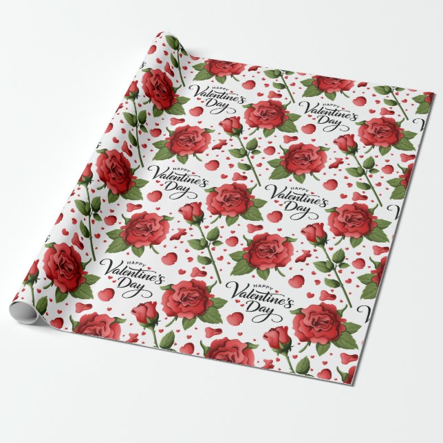 Papel De Presente Lush Red Roses with Scattered Heart Petals Pattern (Desenrolado)