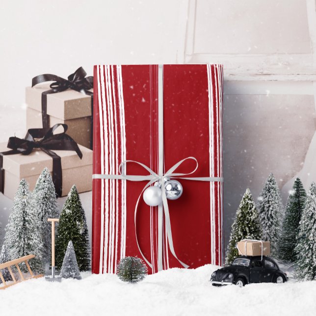 Papel De Presente Lux Christmas White Stripes on Red Wrapper Paper (Wrap your holiday treasures in love and nostalgia with TCK&Co's Lux Christmas White Stripes design.)