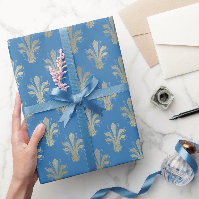 Papel De Presente Lux Dourado Fleur de Lis e French Blue (Presentear)