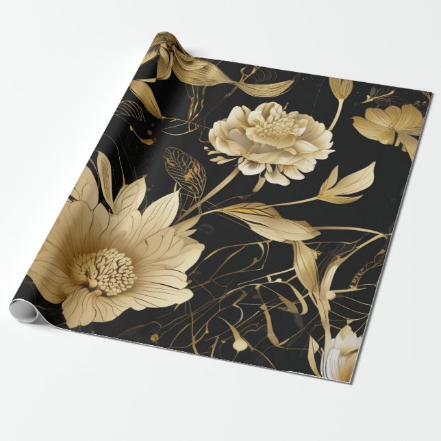 Papel De Presente Luxe Blooms: Elegância Preta e Dourada (Desenrolado)