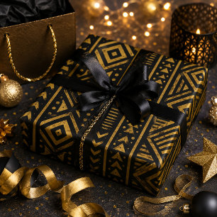 Papel De Presente Luxo Afrocentrismo Preto e Dourado Geométrico Trib