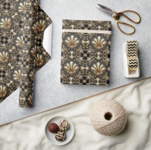 Papel De Presente Luxo Art Deco Preto e Dourado Embrulho com Diamant